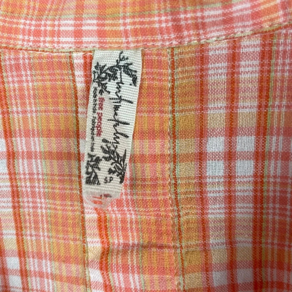 Intimately Free People Orange Pink Plaid Button Down Collared Long Sleeve Blouse - Picture 8 of 8
